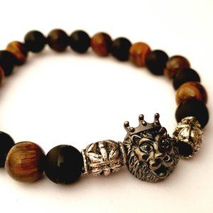 Bracelet Black Onyx & Tiger Eye, beaded with lion ornament, gift for Him, best f